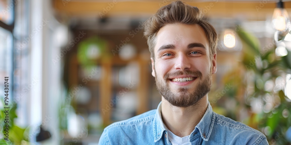 Obraz premium Portrait, businessman, and smiling at office on banner, startup, or workplace bokeh. Face, designer, cheerful professional, creative, and entrepreneur on Brazilian mockup space.
