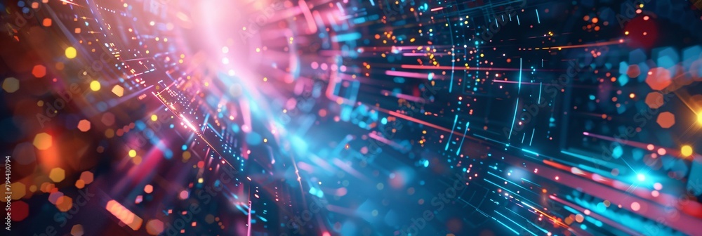 Abstract background with pulsating neon lights and futuristic shapes, invoking a sense of technological advancement Abstract background with pulsating neon lights and futuristic shapes, invoking a sense of technological advancement
