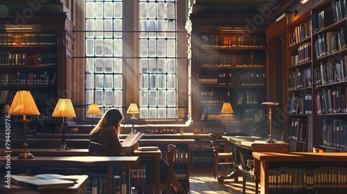 A student stuying and reading books in a public library of university. photo