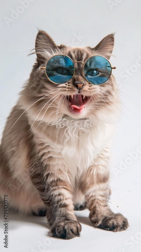 ragdoll cat in sunglasses on white background