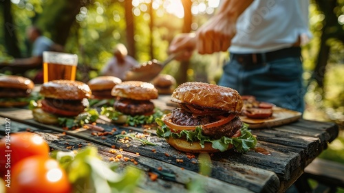 Grilled burgers being served at outdoor picnic