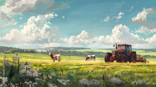 Procreate vector art style poster agriculture farming field red tractor minimalism village spring. A minimum of rural landscape. Cartoon village farm with cow sheep in wheat field. AI Generated  photo