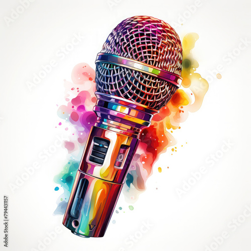 Watercolor microphone, clipart Illustration, Generative Ai