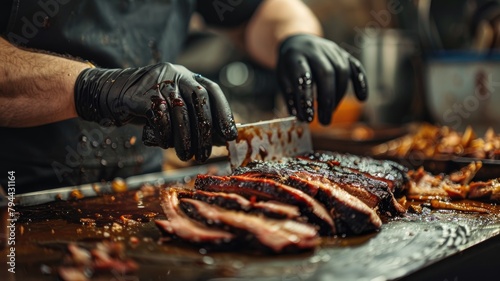 Close-up of person in black gloves slicing barbecued ribs on wooden board