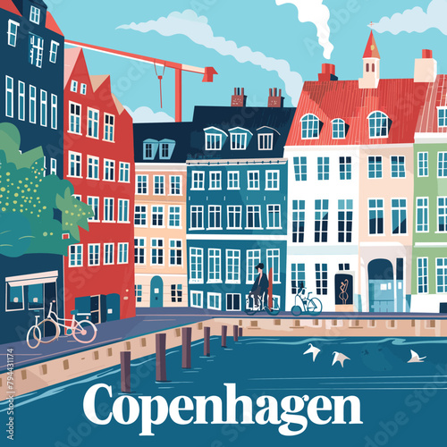 A colorful cityscape of Copenhagen with a man riding a bicycle