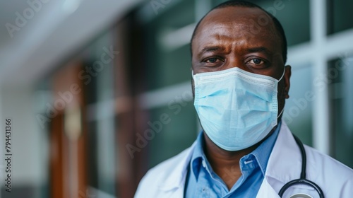 Covid doctors wear masks for safety, precaution, and cleanliness in hospitals and clinics. A trusted male doctor, healthcare specialist, and pandemic frontline worker. photo