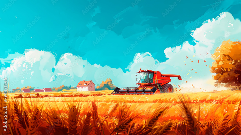 Obraz premium Red combine harvester harvests ripe wheat in a large wheat field. Agricultural activity, excellent harvest at sunset. Poster yellow wheat field combine harvester minimalism village harvest 