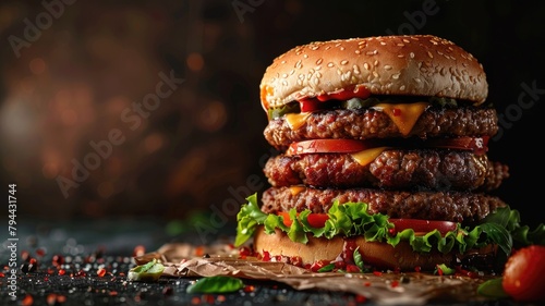 Juicy double cheeseburger with lettuce and tomatoes on dark background photo
