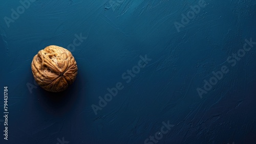 Single walnut resting on textured blue surface photo