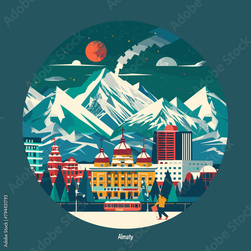 A painting of a city with Almaty mountains in the background