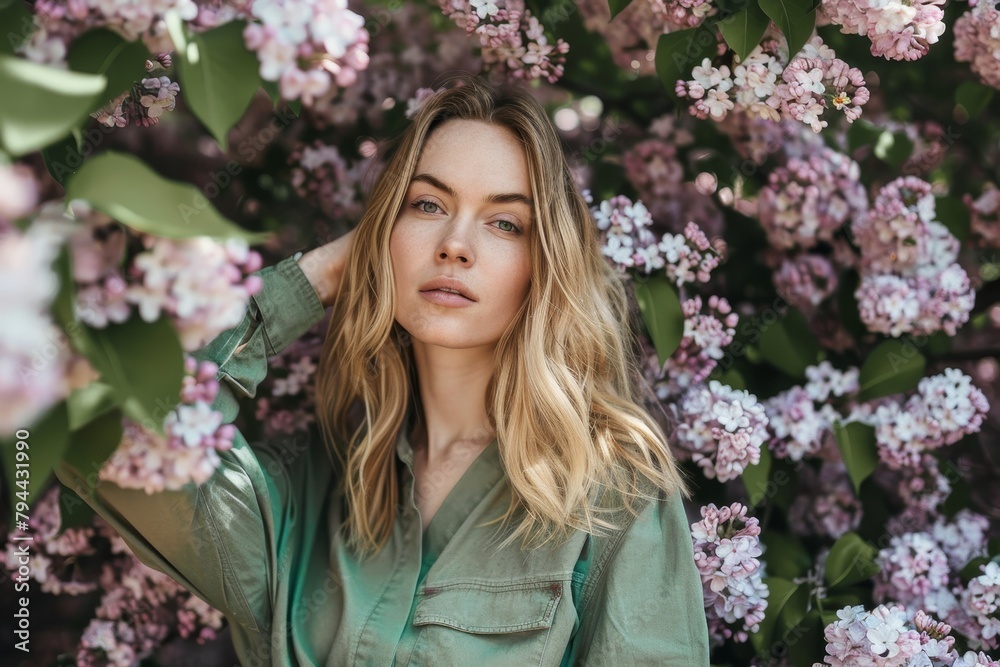 Stylish blonde woman in green shirt stands near blossom lilac tree flowers