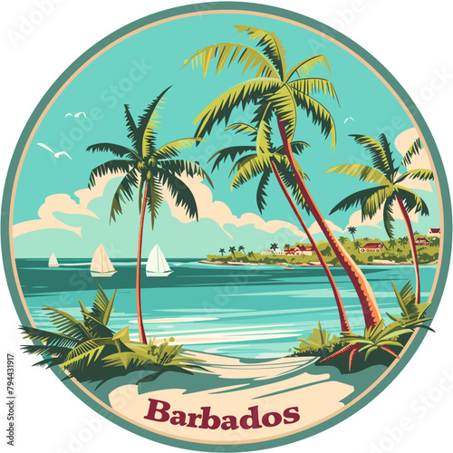 A tropical scene with palm trees and a sailboat in the water. The image is titled Barbados