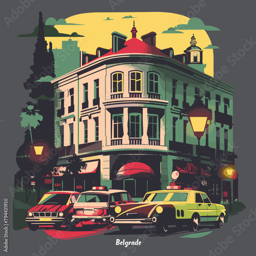 A colorful drawing of a Belgrade city street with a building in the background