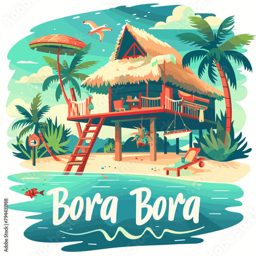 A tropical Bora Bora island with a small house and a boat