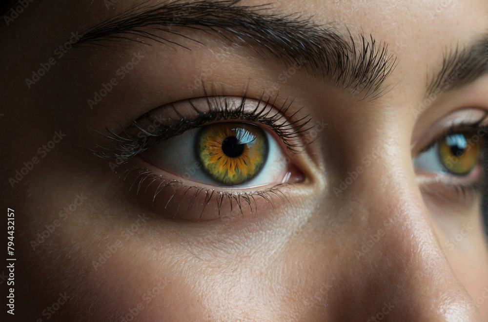 Primer plano de ojos verdes con detalles amarillos y pestañas largas. Primer plano de ojos verdes con detalles amarillos y pestañas largas.