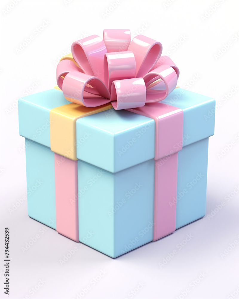 Fototapeta premium 3D box with a gift, children's cartoon style, delicate pastel colors, on a white background сreated with Generative Ai