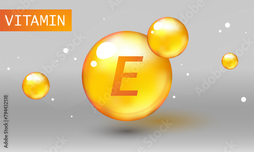 Vitamin gold shining pill capsule icon. Nutrition sign vector concept. The power of vitamin E. Chemical formula. Tocopherols, tocotrienols. Shining golden substance drop. Meds for heath ads