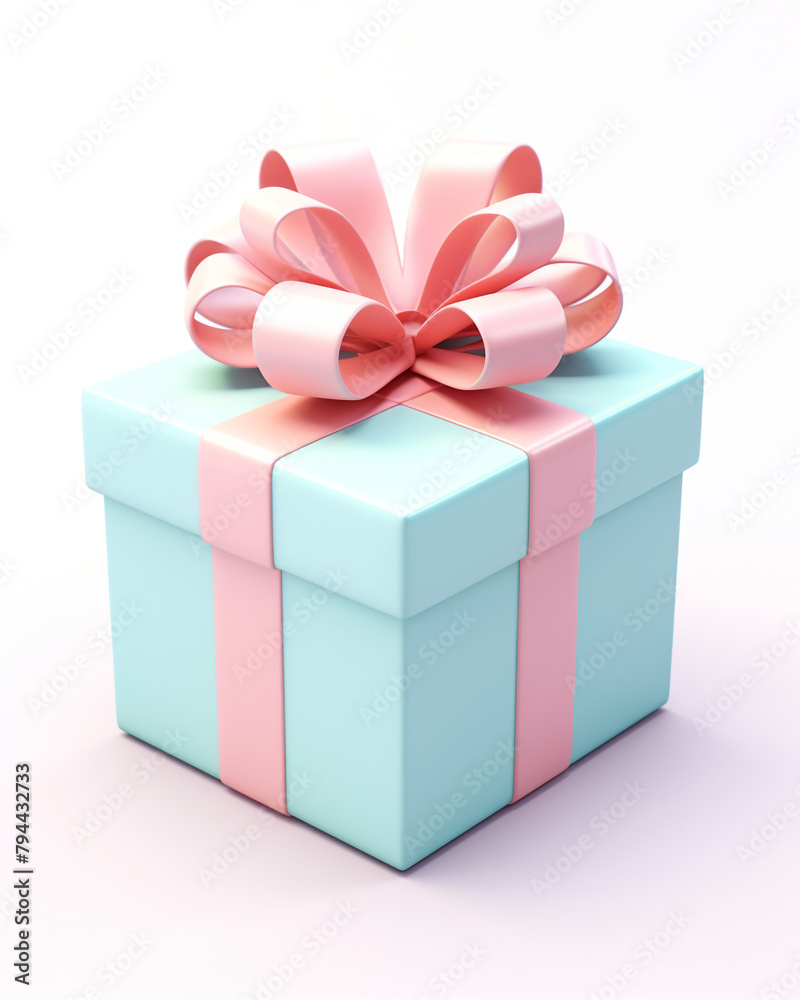 Fototapeta premium 3D box with a gift, children's cartoon style, delicate pastel colors, on a white background сreated with Generative Ai