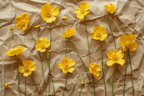 Above view on collection of buttercup flowers on brown paper background