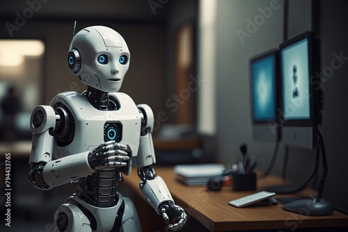 Cute funny robot human replacing jobs AI artificial intelligence humanoid. Generative AI.