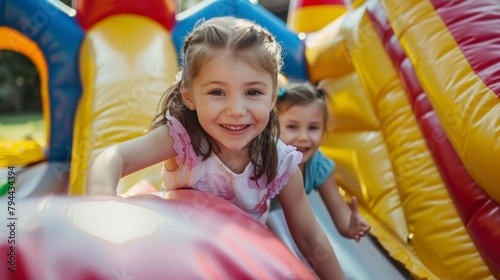 beautiful girls playing on a colorful inflatable castle smiling at the camera