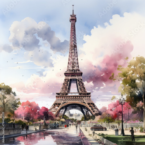 Watercolor Eiffel tower, clipart Illustration, Generative Ai © SantoshArt