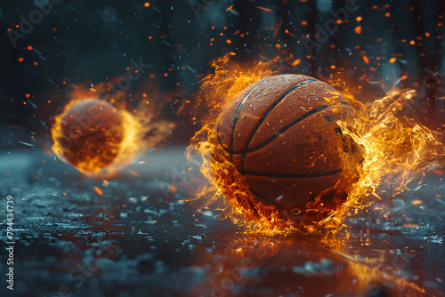 Basketball. Basketball Balls with Fire Sparks, Fiery basketball soars towards hoop leaving blazing trail in its wake Concept Fiery Basketball Blazing Trail Soaring Towards Hoop Sports Photography  © faisal