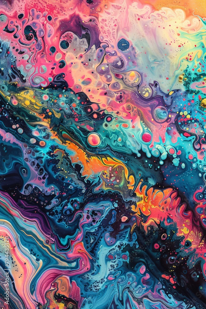Explore a surreal dreamscape where oceanic textures shimmer amidst vibrant psychedelic swirls