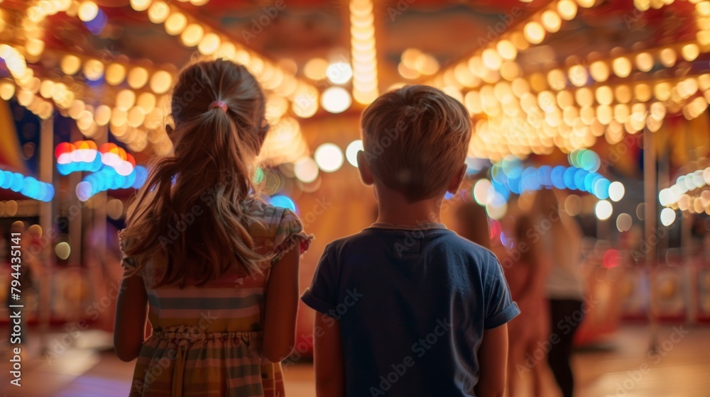 Obraz premium children on their backs in an amusement park at night with blurred background in high resolution and high quality HD