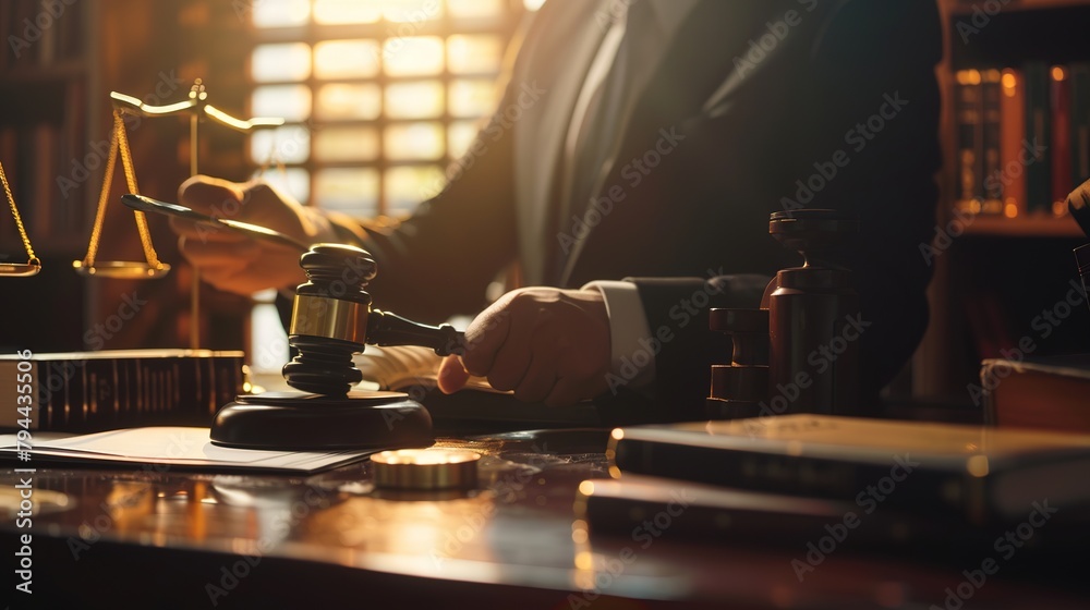 Close up of Male lawyer or judge hand's striking the gavel on sounding block, working with Law books, report the case on table in modern office, Law and justice concept.