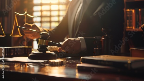 Close up of Male lawyer or judge hand's striking the gavel on sounding block, working with Law books, report the case on table in modern office, Law and justice concept.