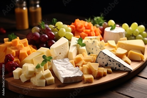 A variety of cheeses and fresh fruits elegantly arranged on a wooden platter.