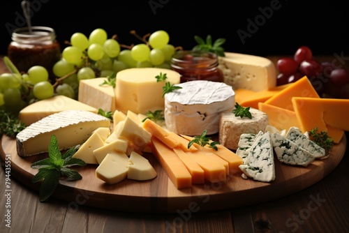 Variety of cheeses arranged with grapes, mint, and jars on wooden board.