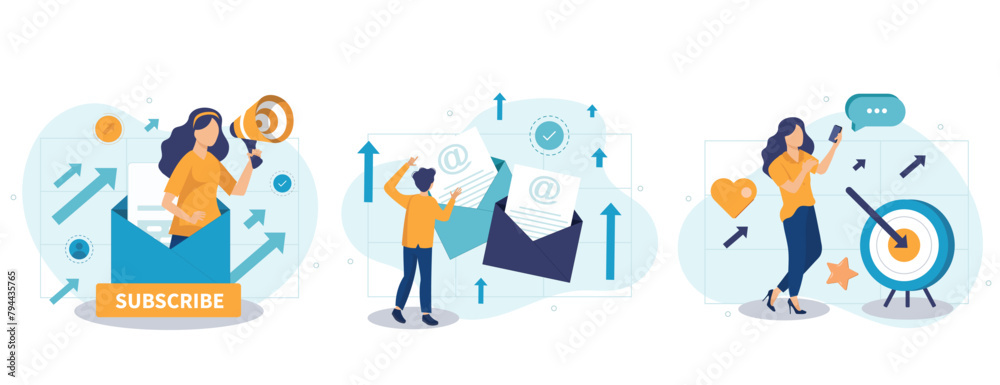 Email service web concept with people scenes set in flat style. Bundle of online communication programs, sending and receiving messages, promo newsletter. Vector illustration with character design