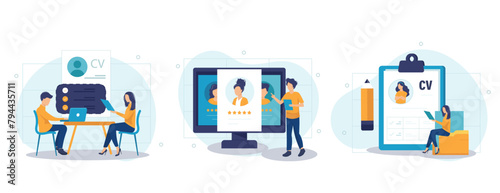 Employee evaluation, assessment form and report, performance review concept collection of scenes. Employer meeting job applicant at pre-employment assessment. Flat vector modern illustration
