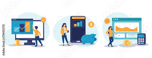 Characters investing money in stock market. People analyzing financial graphs, charts and diagrams and other data. Stock trading concept. Flat cartoon vector illustration and icons set