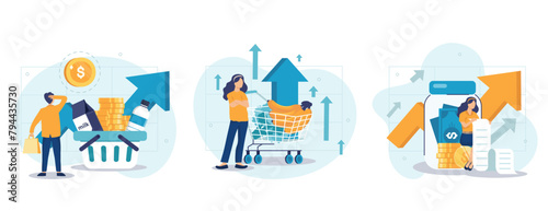 Inflation illustration set. Characters buying food in supermarket and worries about groceries rising price. Consumer price index growth and financial crisis concept. Vector illustration.