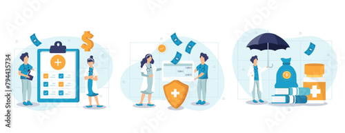 Health insurance illustration set. Doctor offering medical insurance policy contract. Patient holding insurance ID card. Medicine and healthcare concept. Vector illustration.