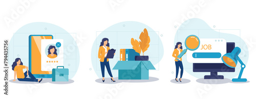 Characters getting CV rejection, being unemployed and having difficulties of searching for new job. Job searching and loss illustration set. Labor market concept. Vector illustration.