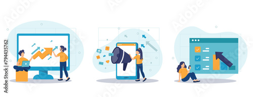 Digital marketing and promotion illustration set. Characters analyzing graph, charts and planning marketing strategy to achieve business goals. Business concept. Vector illustration.
