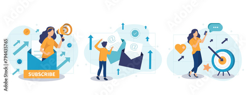 Email service web concept with people scenes set in flat style. Bundle of online communication programs  sending and receiving messages  promo newsletter. Vector illustration with character design