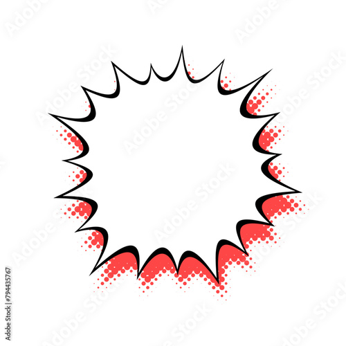 A comic-style speech bubble with a spiky edge and blue halftone shading, adding a dynamic pop-art effect to the classic dialogue symbol.