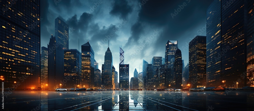 Digital composite of 3D Skyscrapers in the city at night