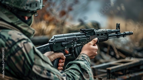 Soldier with a machine gun in his hands at war, war in Ukraine