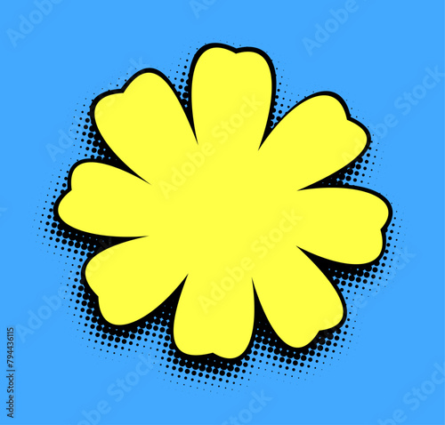 A radiant yellow flower graphic pops against an azure blue backdrop, infused with a halftone pattern for a striking visual effect that's reminiscent of classic comics.