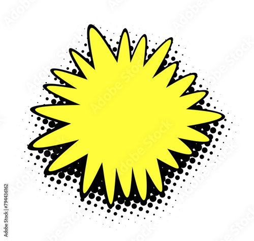 A dazzling yellow burst radiates with energy, edged with a sharp black outline and set against a white background speckled with halftone dots, capturing a lively pop art essence.