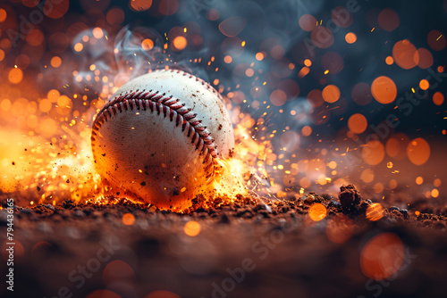Baseball. Baseball Ball. Baseball Background, Baseball on fire with smoke and flames background Closeup of old baseball ball on fire Concept of sport 
