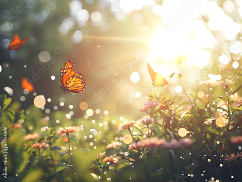 A butterfly is flying in a field of flowers. The sun is shining brightly, creating a warm and inviting atmosphere. The scene is peaceful and serene