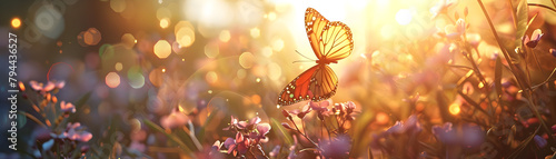 A butterfly is flying in a field of flowers. Concept of freedom and beauty, as the butterfly gracefully flutters through the colorful blooms. The scene evokes feelings of joy and serenity photo