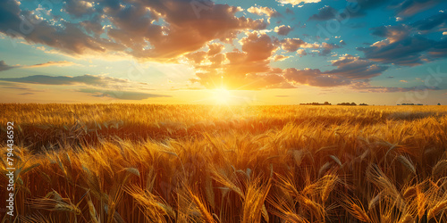 A tranquil rural landscape of a golden wheat field against the morning sun and cloudy sky.